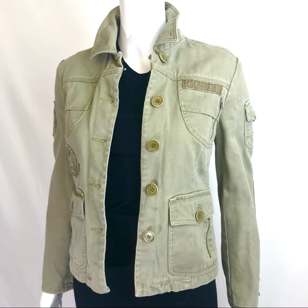 Reto Y2K Military Jacket Utility Patches Pockets XS Army Green